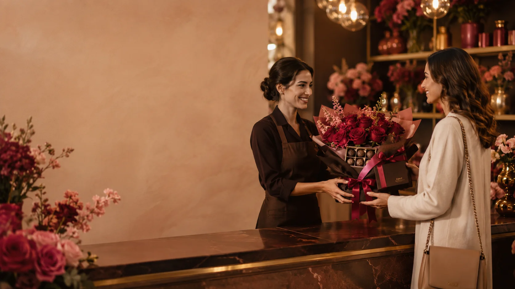 Entrega de un bouquet con chocolates en el mostrador de la tienda