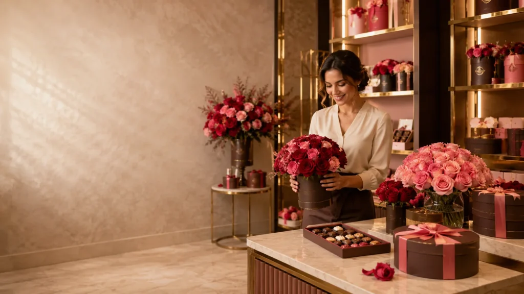 Colección de bouquets de rosas y chocolates