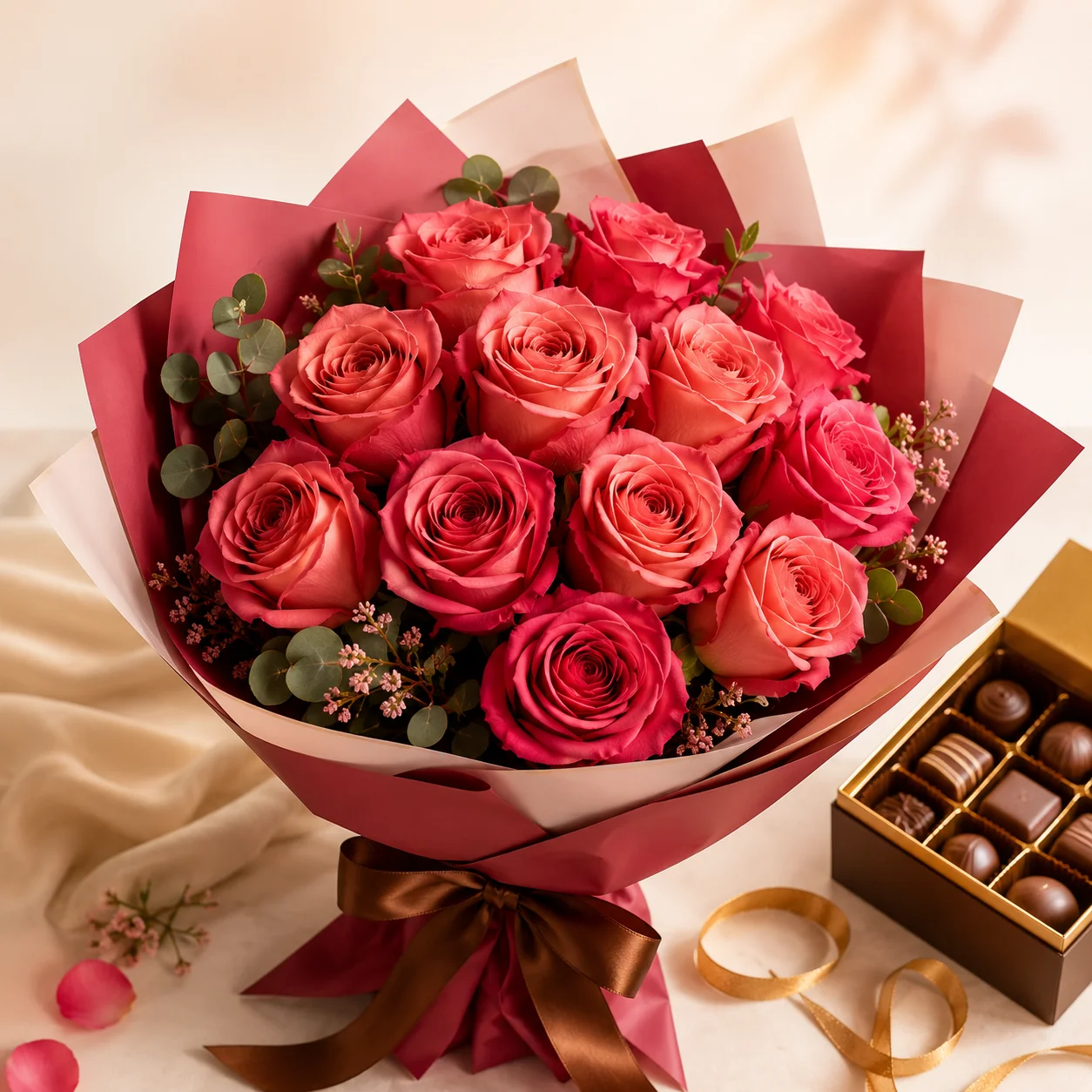 Bouquet de 12 rosas rosadas envuelto en papel vino, junto a una caja de chocolates