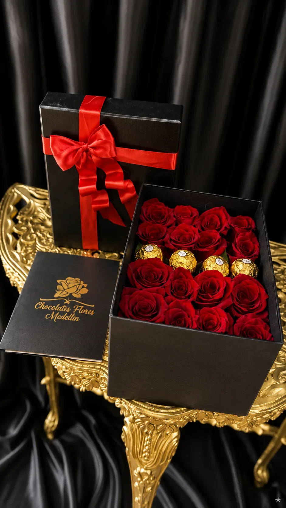 Caja Londres con 16 rosas y 4 ferreros