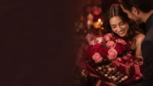 Pareja recibiendo un bouquet de rosas con una caja de chocolates