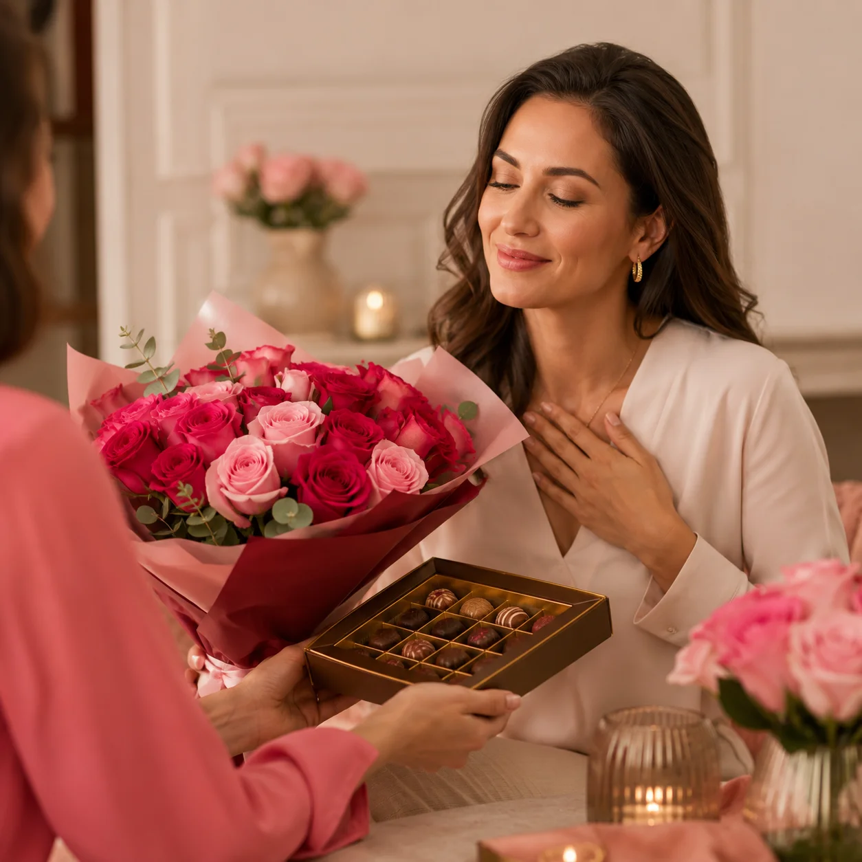 Mujer recibiendo con gratitud un bouquet de rosas y una caja de chocolates