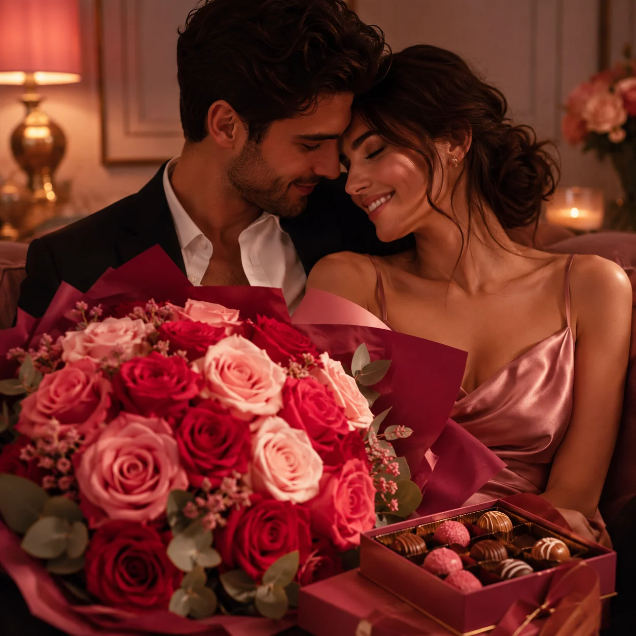 Pareja celebrando su aniversario con un bouquet de rosas y chocolates