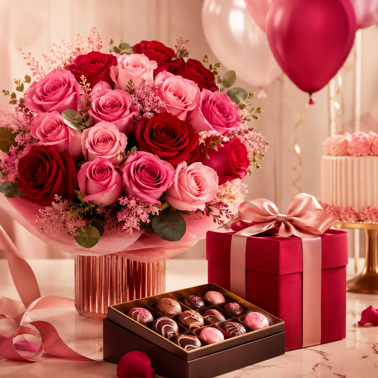 Bouquet de rosas con caja de chocolates, globos y torta de cumpleaños