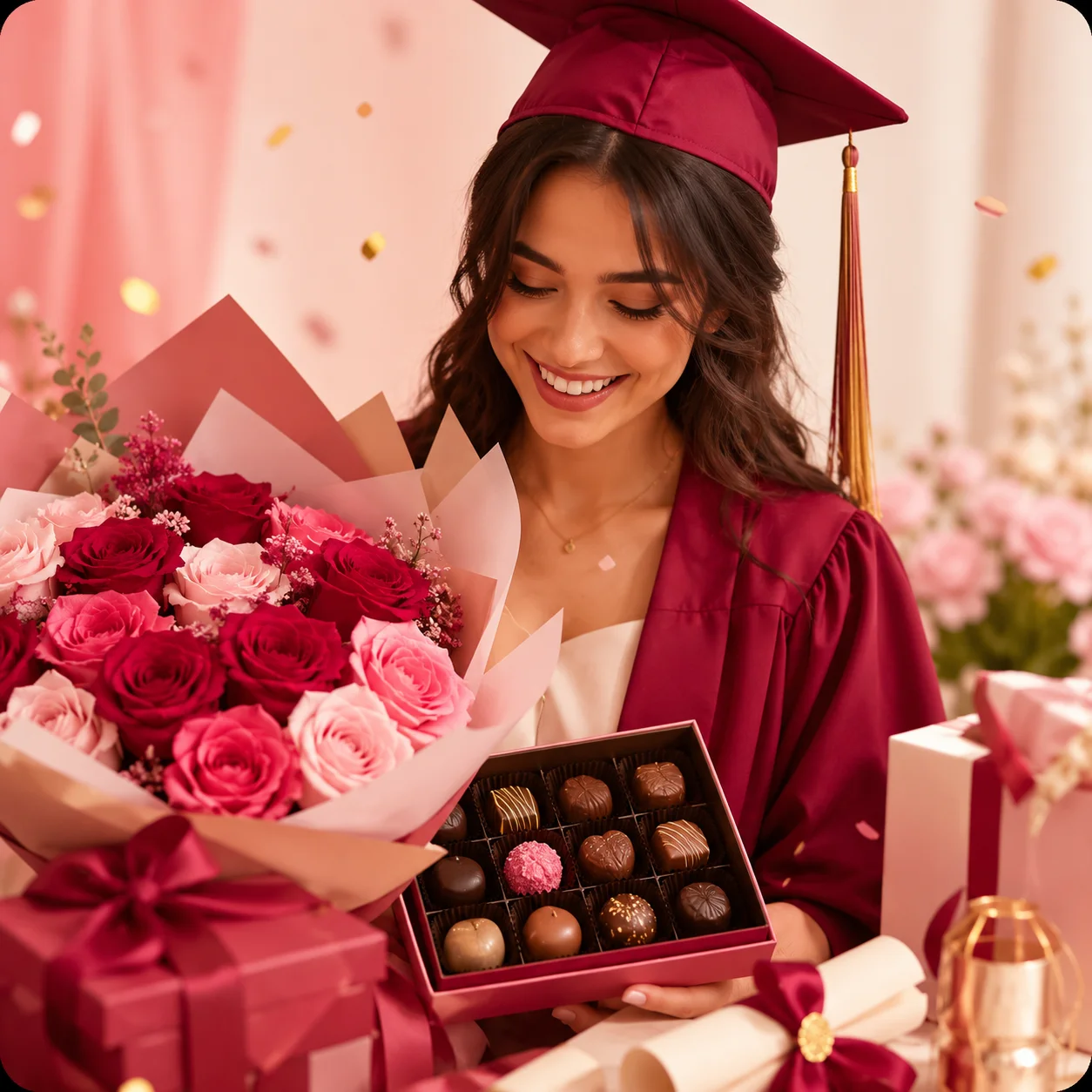 Graduada con toga y birrete sosteniendo un bouquet de rosas y chocolates