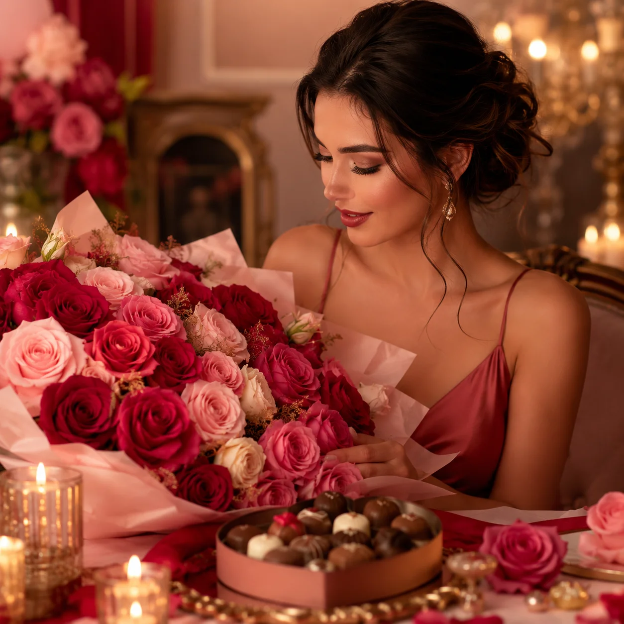 Mujer con un bouquet de rosas rojas y una caja de chocolates a la luz de las velas